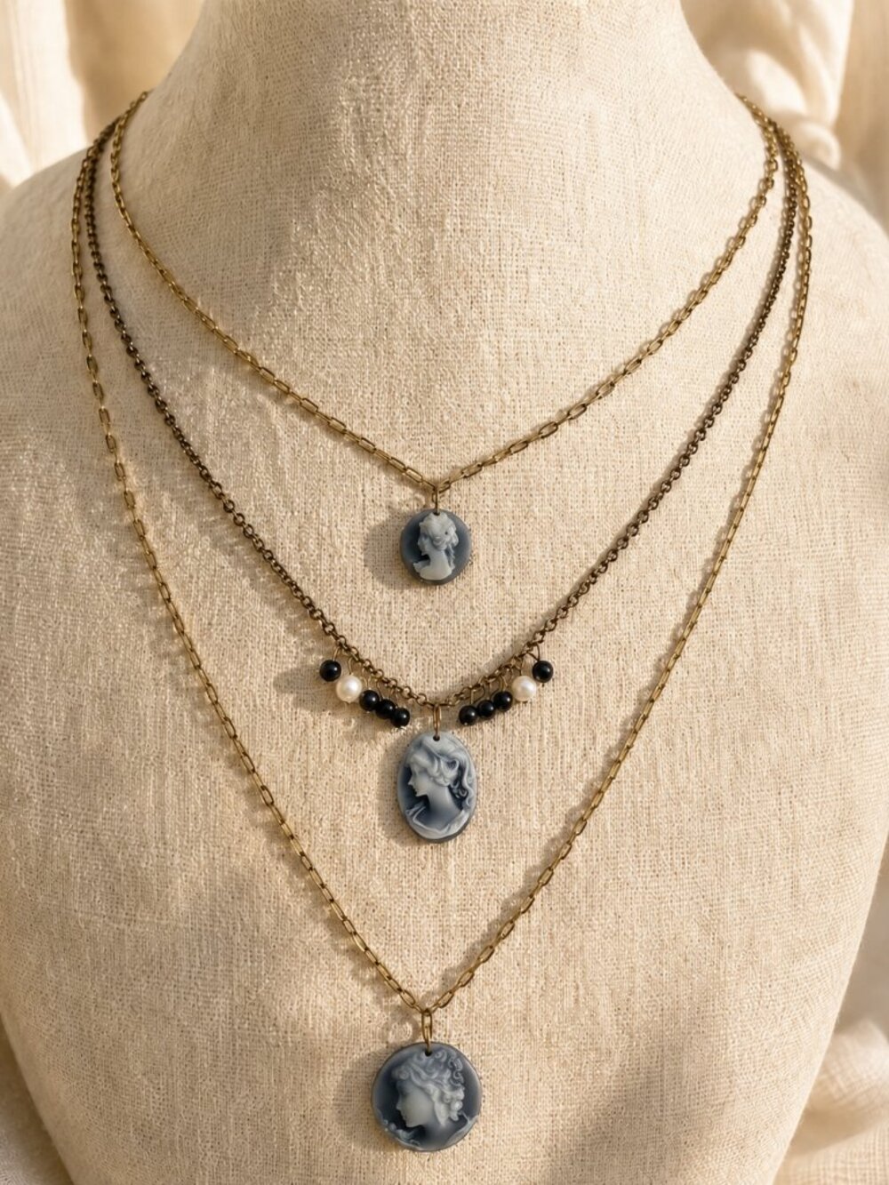 Vintage-Inspired Layered Cameo Necklace Set Gold Tone Multi-Strand Pendant